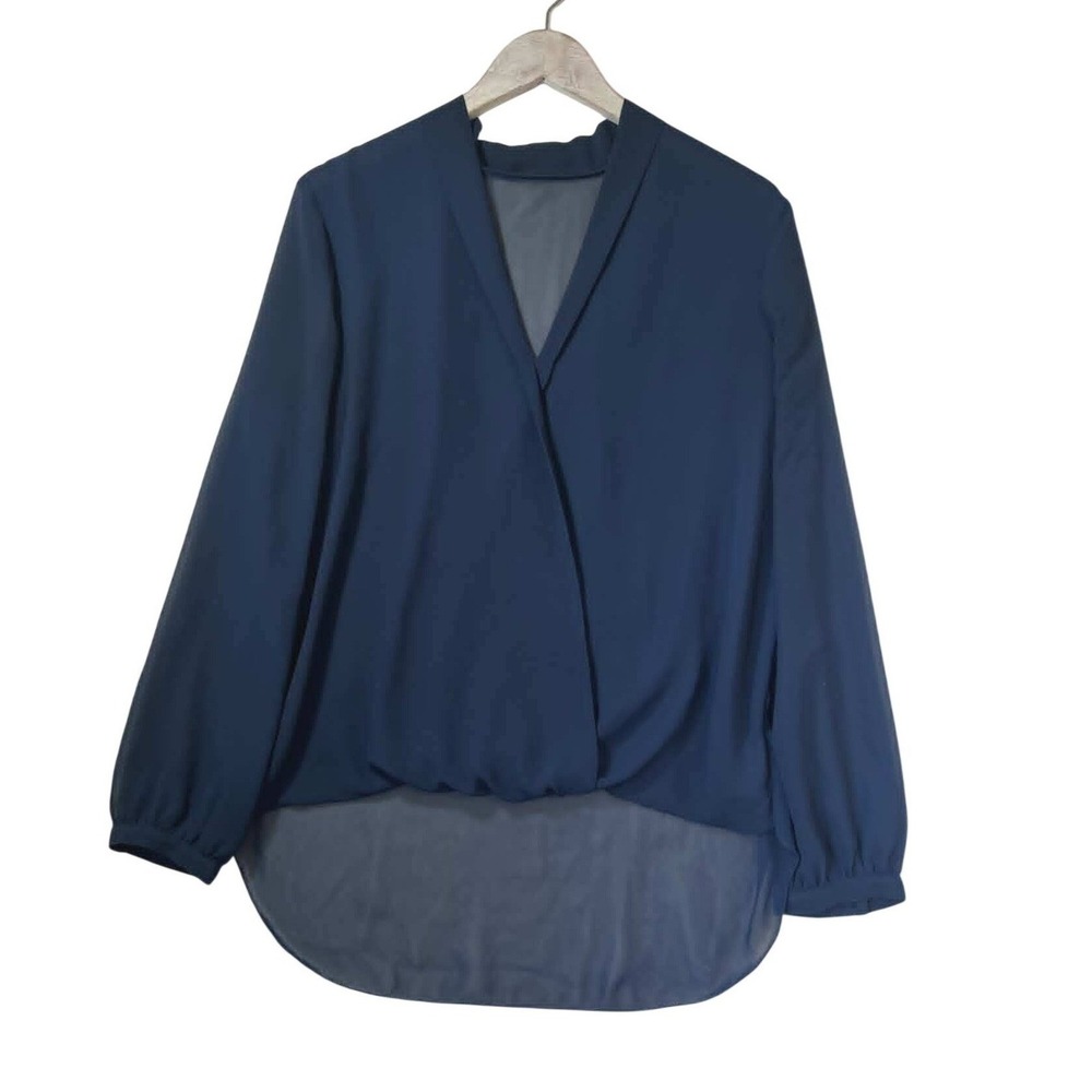 Flowy Ethereal Navy Blue Wrap Front  Long Sleeve‎ V-Neck Chiffon Top Womens XL
